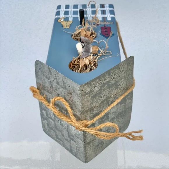 Handmade Blue Wooden Birdhouse Table Decoration - Picture 7 of 8